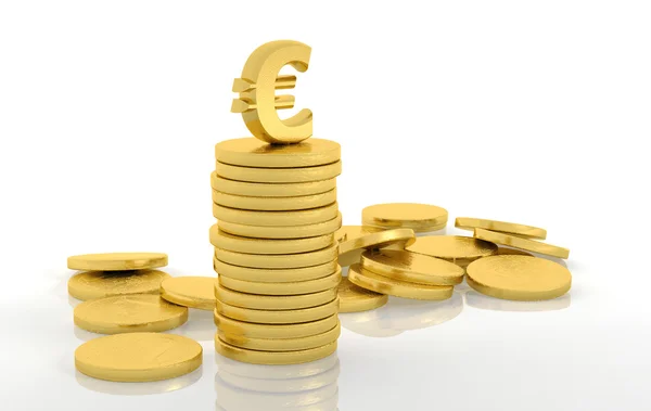 Pilha de moedas de ouro com sinal de euro isolado em branco — Fotografia de Stock