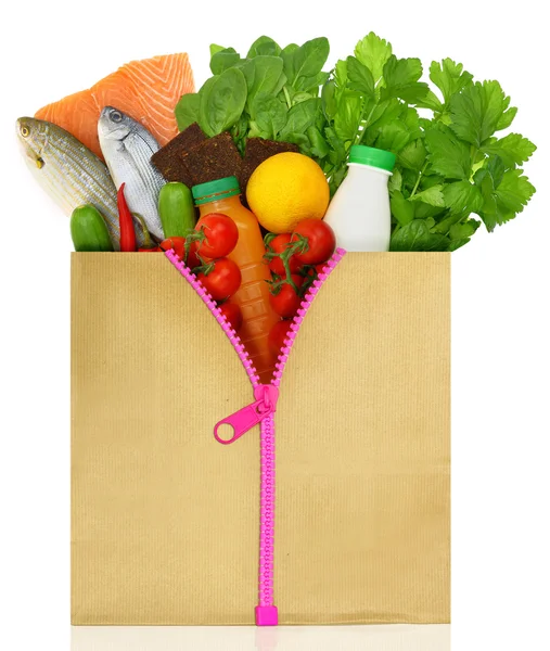 Unzipped shopping bag filled with groceries — Stock Photo, Image