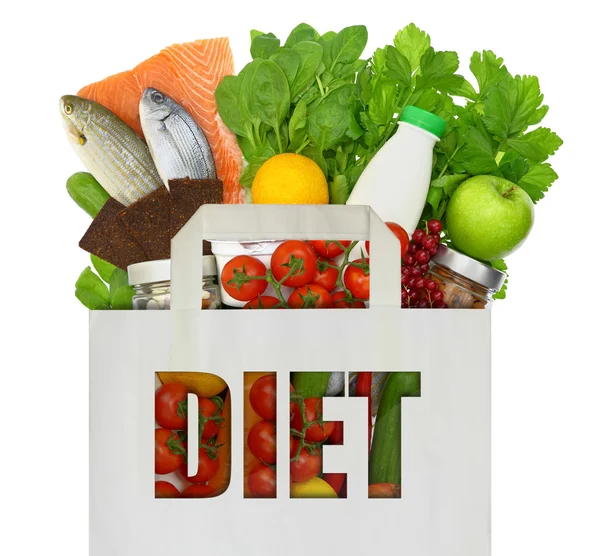 Saco de compras cheio de alimentos dietéticos — Fotografia de Stock