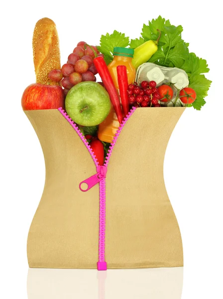 Unzipped shopping bag filled with groceries