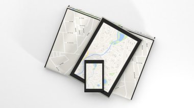 Harita üzerinde ekran ve kağıt harita izole Tablet