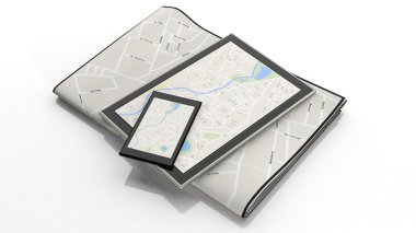 Harita üzerinde ekran ve kağıt harita izole Tablet