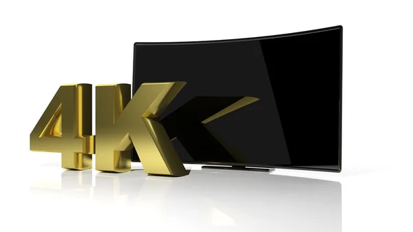 Golden 4K symbol and black curved tv screen isolated — Stock Photo, Image