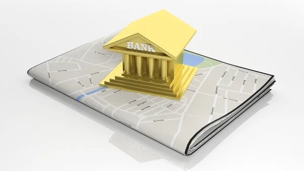 Mapa de papel com símbolo de banco de ouro 3D isolado em branco — Fotografia de Stock