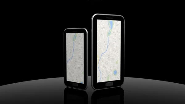 Tablet PC en smartphone met kaart geïsoleerd op zwart — Stockfoto