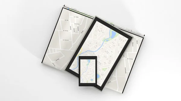 Comprimidos com mapa na tela e papel mapa isolado — Fotografia de Stock
