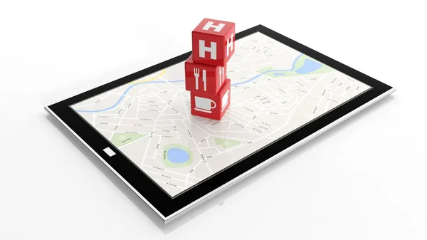 Tablet with map and cubes with locations isolated on white — Stock Photo, Image