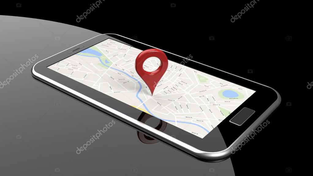 Tablet with map on screen and red pin isolated