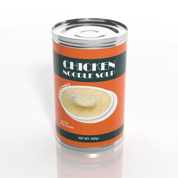 3D noodle soup metallic can isolated on white — Stock Photo, Image