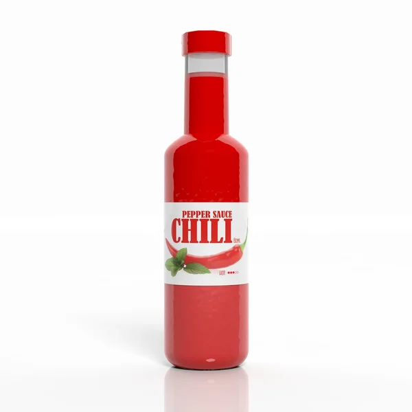 3D chilli omáčka průhlednou láhev izolovaných na bílém — Stock fotografie