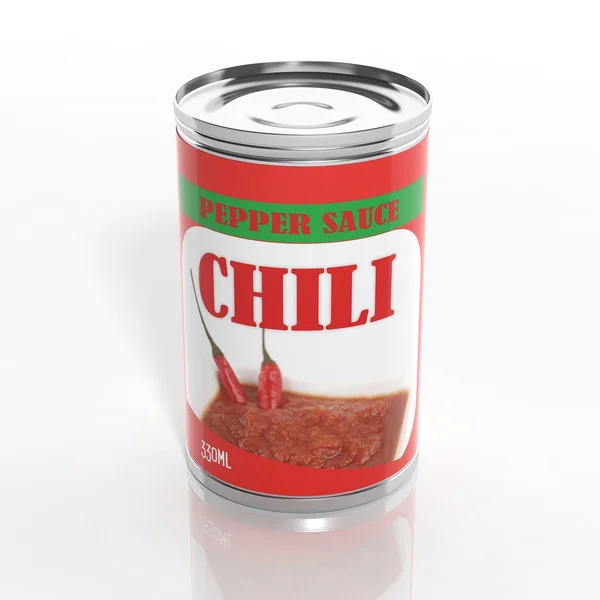 3D chili sauce metallic can isolated on white — Stock Photo, Image