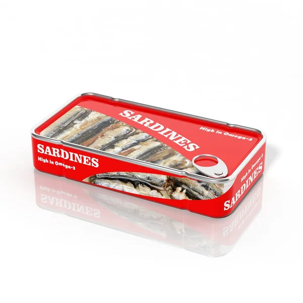 3D sardines in metallic can isolated on white — Stock Photo, Image