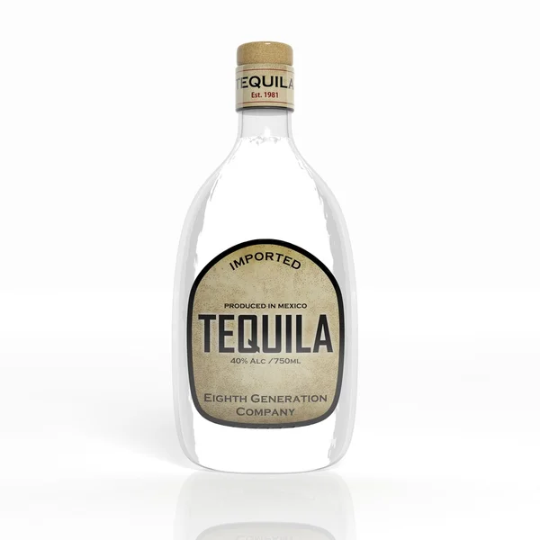 ขวดแก้วโปร่งใส Tequila 3 มิติแยกบนสีขาว — ภาพถ่ายสต็อก