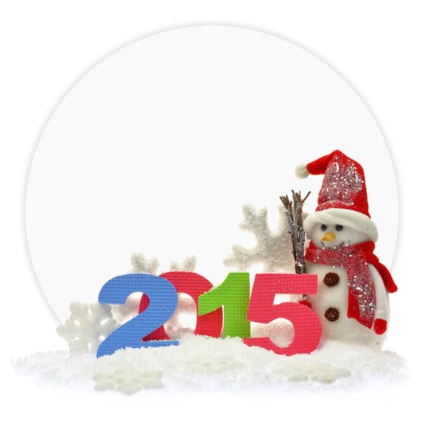 Snowman and new year 2015 in front of a paper card — Stock Photo, Image