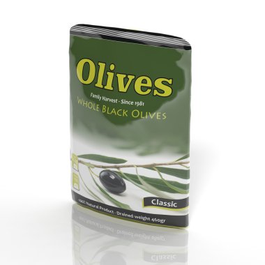 3d zeytin paket üzerinde beyaz izole