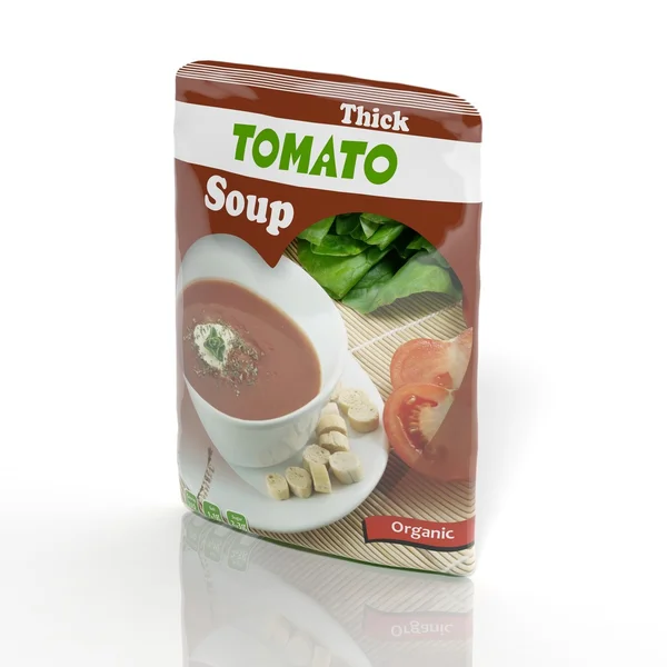 Pacote de sopa de tomate 3D isolado em branco — Fotografia de Stock