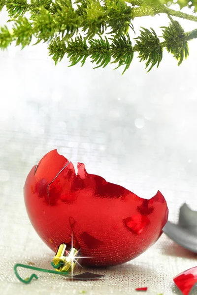 Сломанный красный рождественский орнамент под веткой дерева — стоковое фото