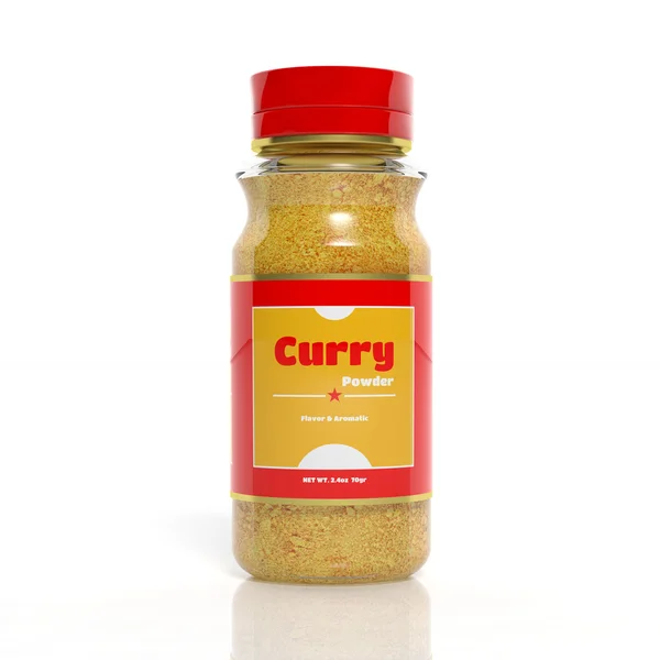 3D Curry powder glass bottle isolated on white — Stock Photo, Image