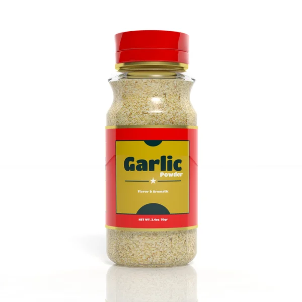 3D Garlic powder glass bottle isolated on white — Stock Photo, Image