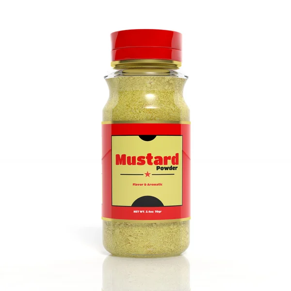 3D Mustard powder glass bottle isolated on white — Stock Photo, Image