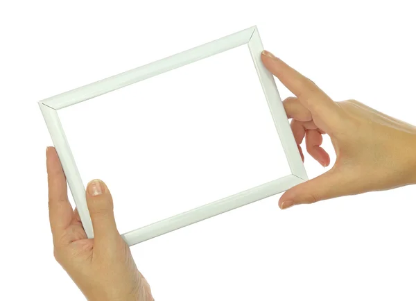 Hands holding blank photo frame isolated on white background — Stock Photo, Image