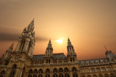 Gün batımı ile Rathausplatz Rathaus Belediye Viyana