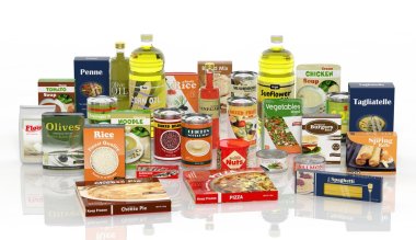 3D collection of packaged food isolated on white background 