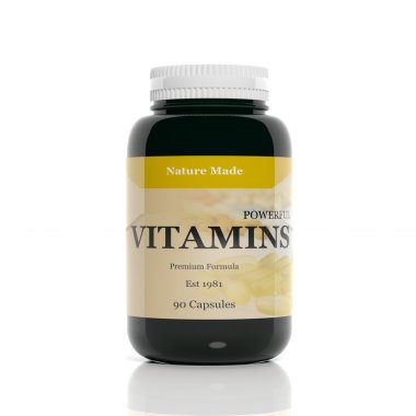 Beyaz arka plan üzerinde izole 3d vitaminler şişe 