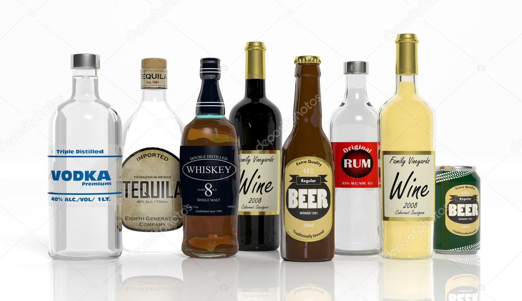 3D collection of alcoholic beverages bottles isolated on white background 