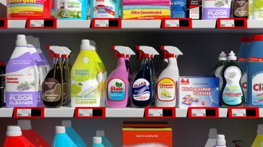 Süpermarket çeşitli 3d ev ürünlerde raf