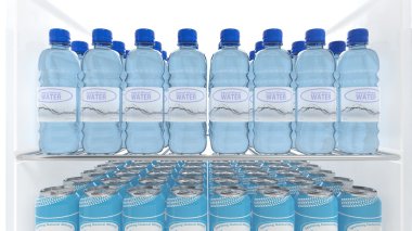 Buzdolabı üzerinde çeşitli 3d su kapları rafa kaldırmak