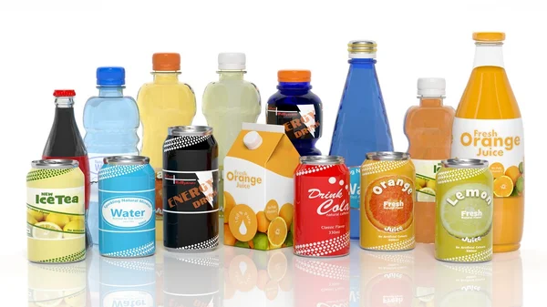 Varios productos de bebidas 3D aislados en blanco — Foto de Stock