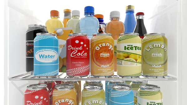 Varios productos de bebidas 3D en el estante del refrigerador — Foto de Stock