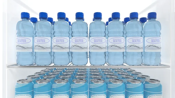 Verschillende 3D-watercontainers op koelkast ijskast — Stockfoto