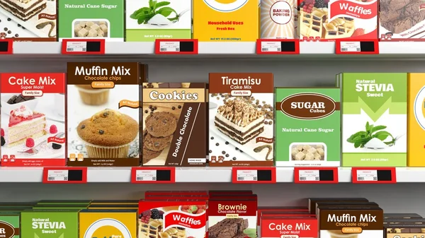 Olika 3d godis produkter på supermarket skrinlägga — Stockfoto