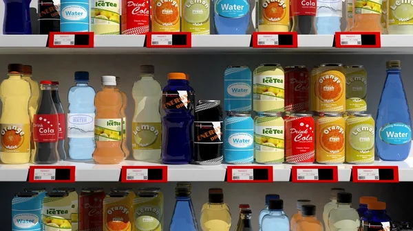 Various 3D beverages products on supermarket shelve — Stock Photo, Image