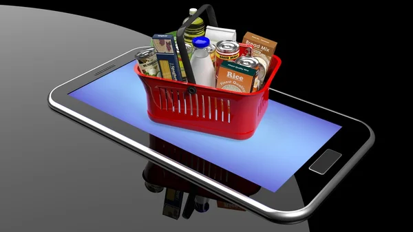 Shopping hand basket full with products on smartphone tablet screen — Stock Photo, Image