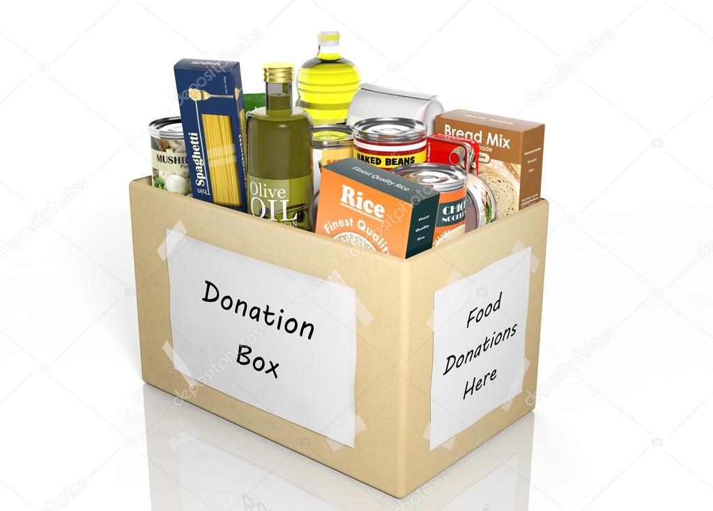 Carton donation box full with products isolated on white