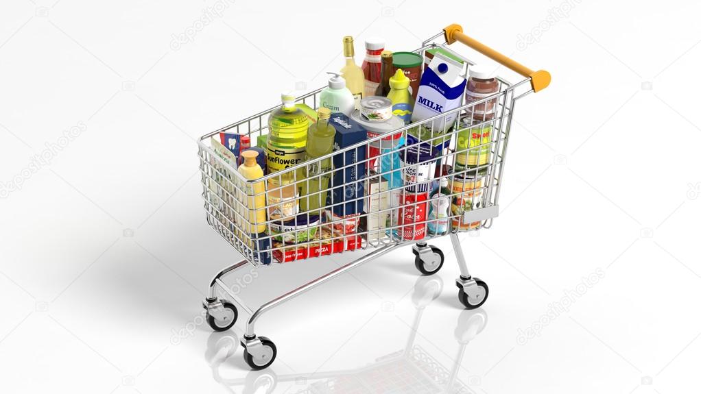 Full with products supermarket shopping cart isolated on white background