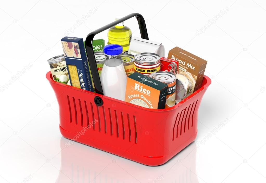 Shopping hand basket full with products isolated on white Stock Photo