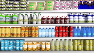 Süpermarket buzdolabı çeşitli ürünleri ile 