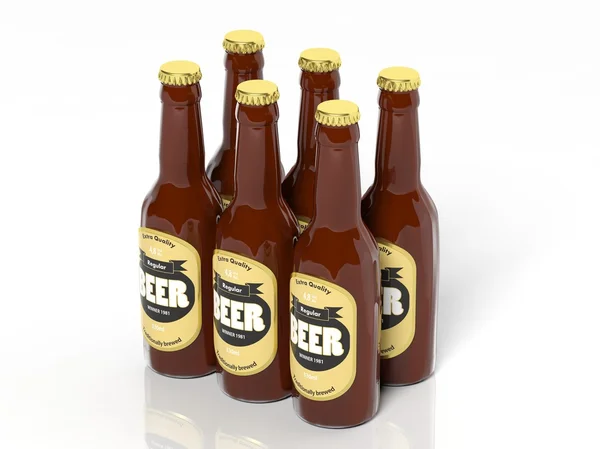 3D-zes pack collectie van bier glazen flessen geïsoleerd op wit — Stockfoto