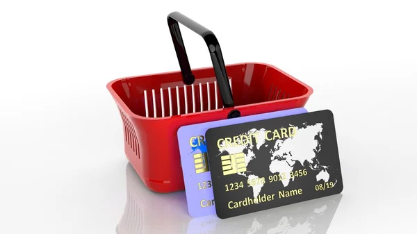 Shopping hand basket with two credit cards isolated on white — Stock Photo, Image