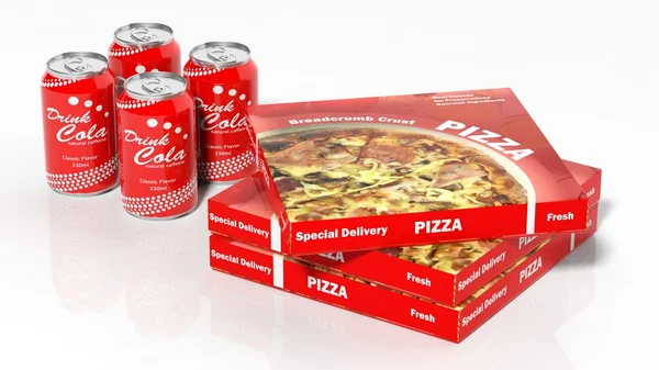 3 d のコーラ缶と白で隔離のピザの箱 — ストック写真