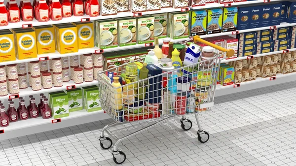 Інтер'єр супермаркету та кошик з різними продуктами — стокове фото