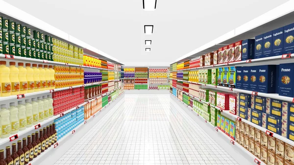 Interior do supermercado com prateleiras e vários produtos — Fotografia de Stock