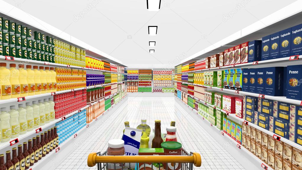 Supermarket interior and shopping cart with various products 