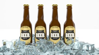 Dört cam şişe bira buz üzerinde beyaz izole