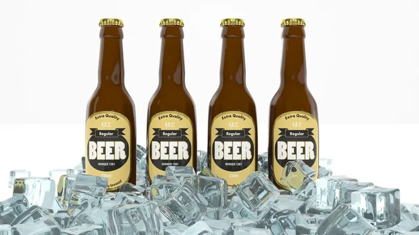 Cuatro botellas de cerveza en hielo aisladas en blanco — Foto de Stock