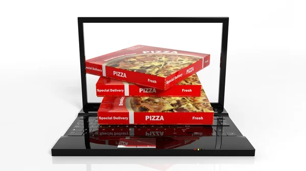 Online pizza levering concept met vakken laptop en pizza — Stockfoto